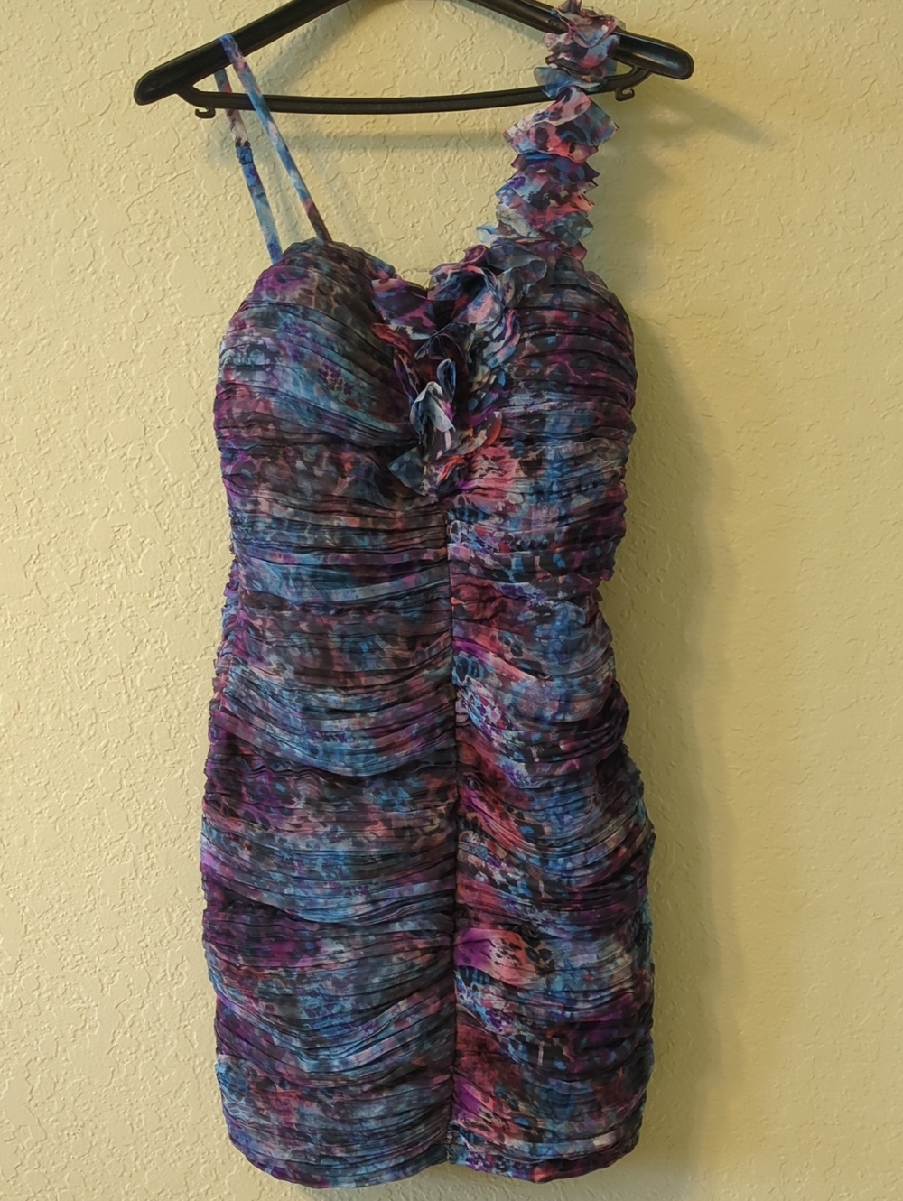 Ruched One-Shoulder Cocktail Dress in Purple Multi-Color
